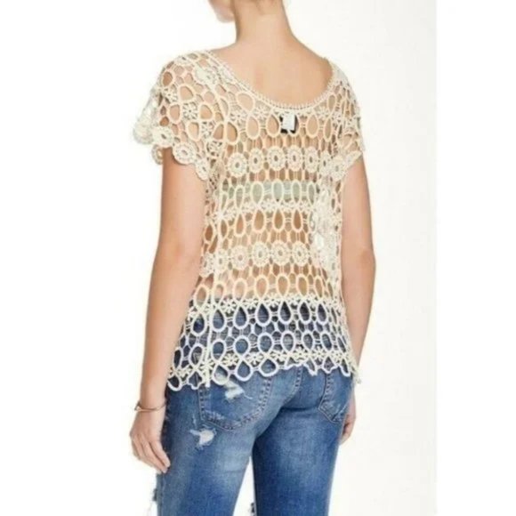 Bobeau NEW Knit Crochet Lace Blouse RED Top Topper Cotton Short Sleeve Womens XL - Picture 4 of 10